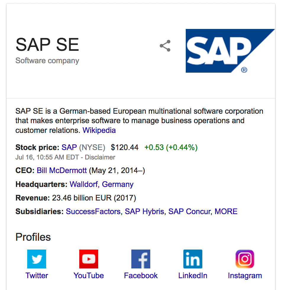 SAP Structured Data on Google Knowledge Graph